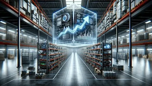 Illustrated warehouse aisle with loaded shelving and a glowing holographic screen showing a rising arrow and charts